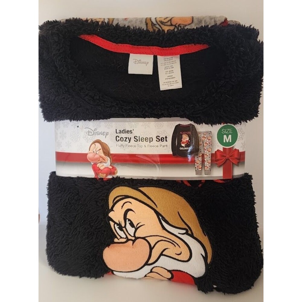 Disney Ladies Cozy Pajama Sleep 2pc Set Medium Grumpy Fleece Black Top Gray Pant - Picture 1 of 8